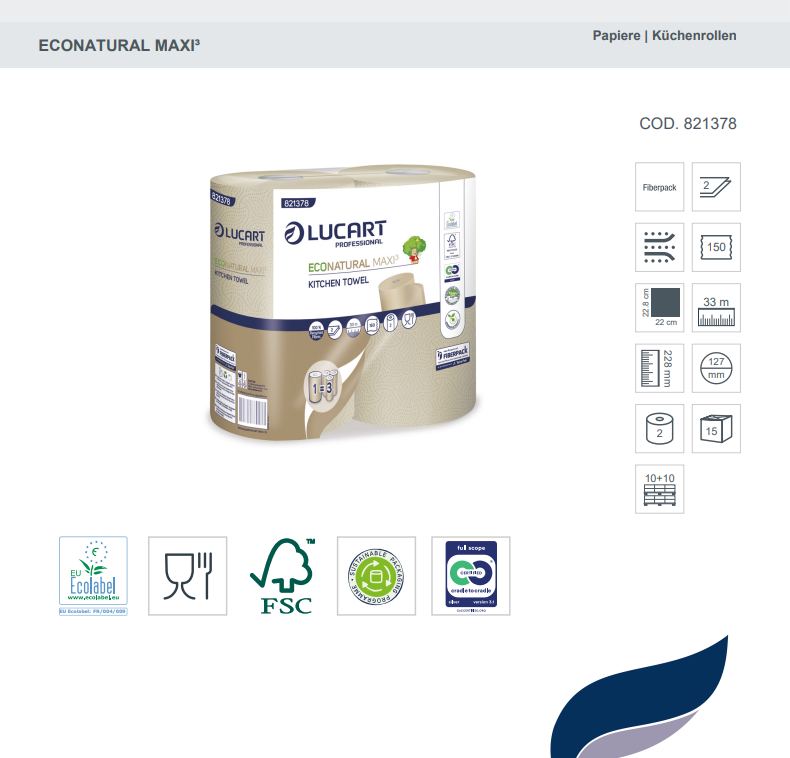 30 Rollen Lucart EcoNatural Maxi³ Küchenrollen – 2-lagig, 100% Recycling