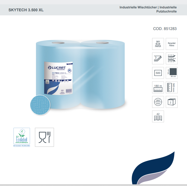 Lucart SKYTECH 3.500 XL Putzpapier-Rolle – 3-lagig, blau, 36x36cm – 2 Rollen à 500 Blatt
