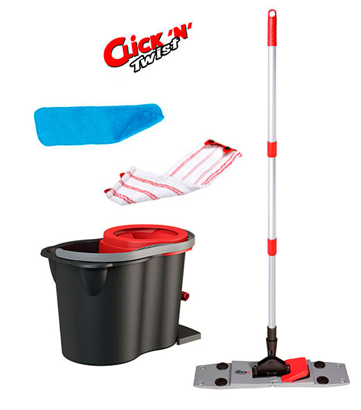 Click and Twist Moppeimer mit Moppschleuder Set inklusive Alustiel und Mikrofasermopp