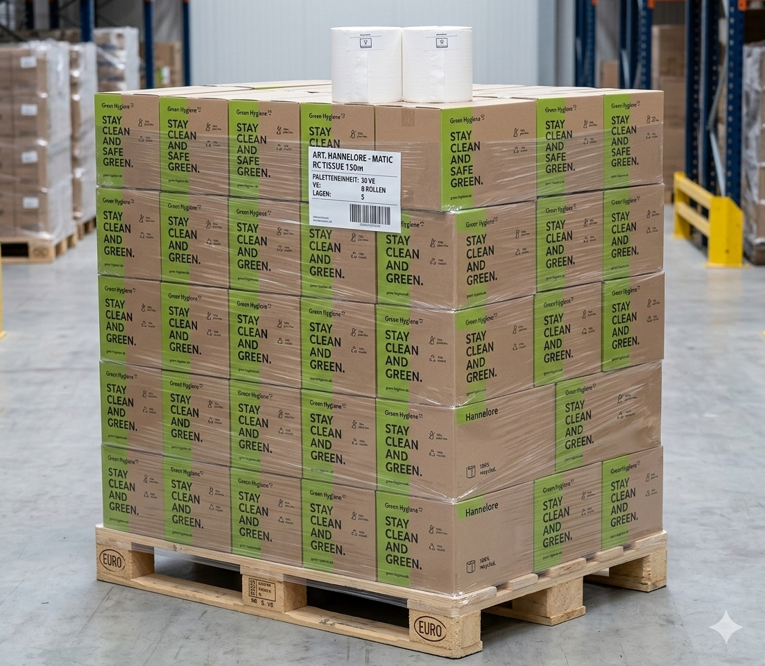 Palette: Hannelore Handtuchrolle Matic – Green Hygiene | 2-lagig, 150m, RC-Tissue hochweiß