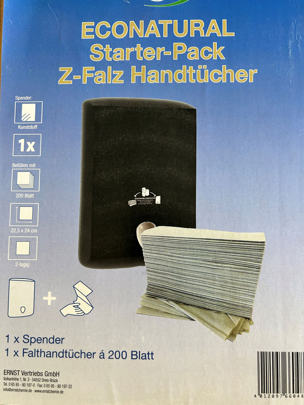 StarterPack_EcoNatural_Falthandtuchspender_schwarz_inkl.200Blatt_Falthandtuecher