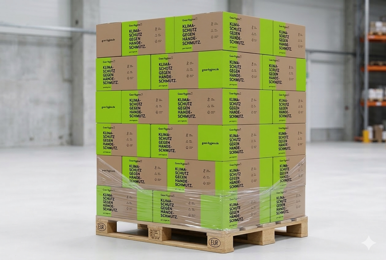 Palette Green Hygiene „FRIEDA“ – 32 Karton Falthandtücher, Z-Falz, 2-lagig, 100% Recycling, Plastikfrei